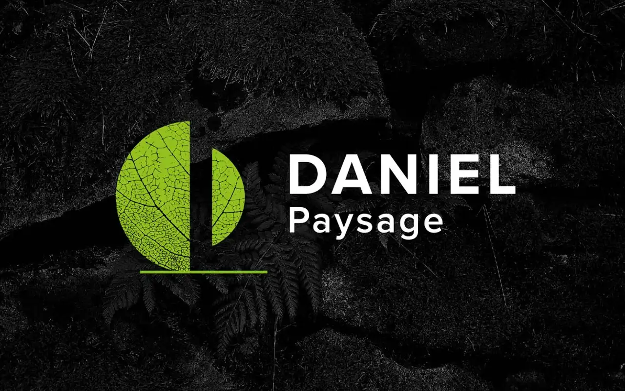 Fond noir texturé avec l'icone de la marque en vert.